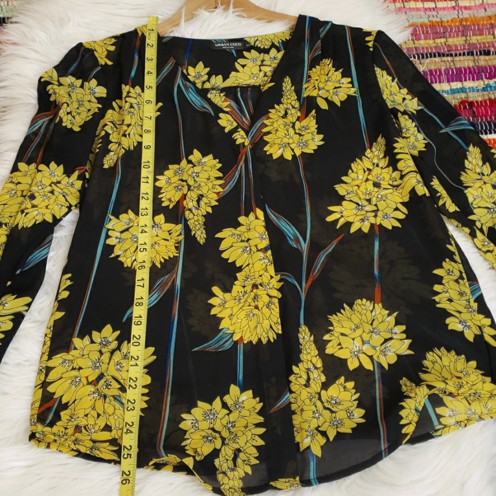 Urban Coco long sleeve sheer black Yello floral button blouse; Size small - Picture 11 of 16